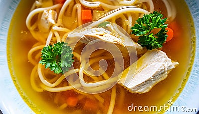 Warm homemade chicken soup with vegetables in white ceramic bowl on table. Traditional tasty food Stock Photo