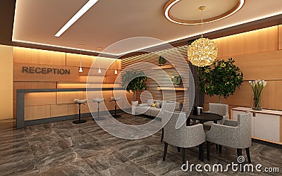 Warm Hotel Lobby with Wood Wall Stock Photo