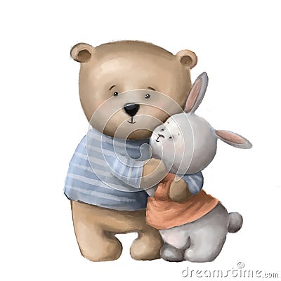 warm hugs of bear and hare, children's illustration, watercolor style clipart with cartoon characters Cartoon Illustration
