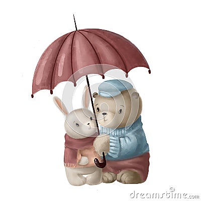 warm hugs of bear and hare under umbrella, children's illuatration, watercolor style clipart with cartoon characters Cartoon Illustration