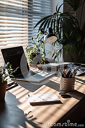 A warm and inviting home office space with lush plants, books, and a laptop on a wooden desk Stock Photo