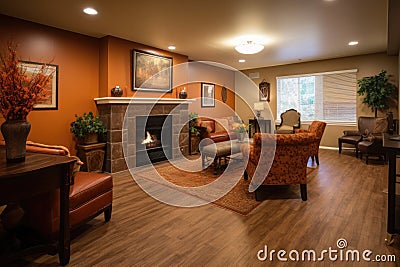 warm and inviting reception area with wood floors, a fireplace, and comfortable seating Stock Photo