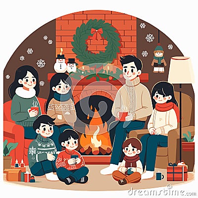 a warm and inviting scene of friends or family gathered around a fireplace Cartoon Illustration