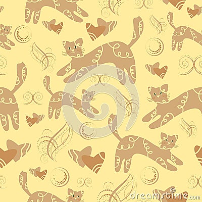 Warm ivory surface handdrawn pattern seamless with cats, hearts,decorative elements. Soft color palette romantic design. Vector Illustration
