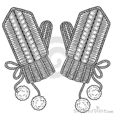 Warm knitted mittens , gloves with pom poms, vector coloring page for adults, black contour image isolated on a white background. Vector Illustration