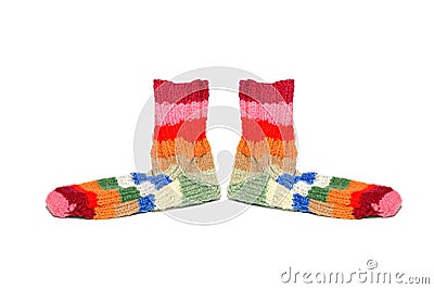 Warm knitted woolen socks knitting needles isolated on a white b Stock Photo