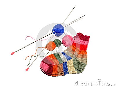 Warm knitted woolen socks knitting needles Stock Photo