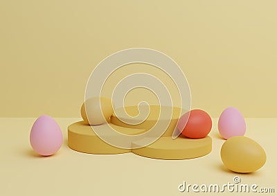 Warm, light, bright, pastel yellow 3D rendering of Easter themed product display podium or stand composition with colorful eggs Stock Photo
