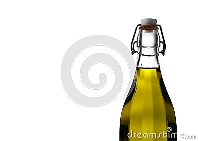 Warm light glows through virgin olive oil in a bottle on white Stock Photo