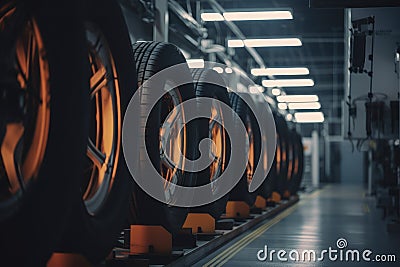 Warm light highlighting the tire installation process on a car manufacturing assembly line Stock Photo