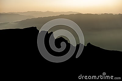 Warm mountain sunset, above high peaks Stock Photo