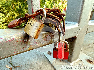 3 padlocks on a bridge Stock Photo