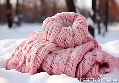 Warm pink wool scarf in the snow. Winter time. AI generated Stock Photo