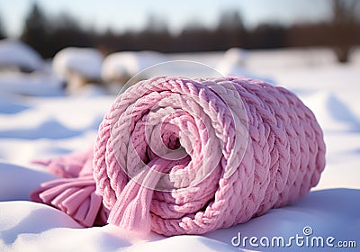 Warm pink wool scarf in the snow. Winter time. AI generated Stock Photo