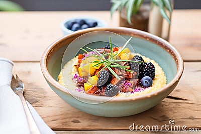 warm polenta porridge in a rustic bowl with blackberry topping Stock Photo