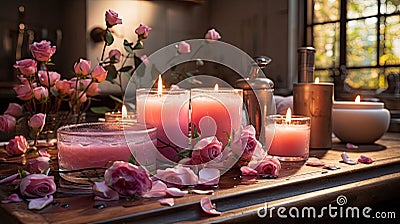 Warm romantic relaxing bath with rose petals and burning Stock Photo