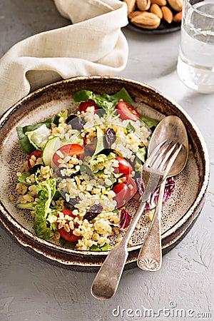 Warm salad with bulgur, vegetables and leaves Stock Photo
