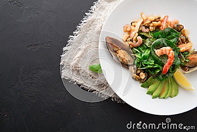 Warm salad with grilled seafood flat lay Stock Photo