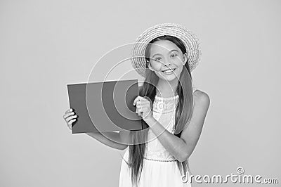 warm smile. summer holiday and vacation. kid seasonal fashion sales. carefree beauty show paper sheet. copy space Stock Photo