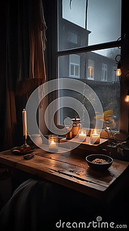 Warm still life with burning candles on a wooden table in the window. Stock Photo