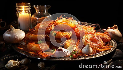 Warm still life of rings onions fried with garlic heads Stock Photo