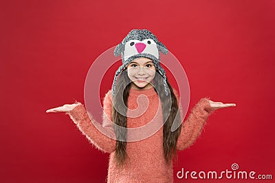 Warm and stylish trapper hat for kid. happy little girl in earflap hat. small child ready for winter. seasonal Stock Photo