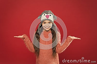 Warm and stylish trapper hat for kid. happy little girl in earflap hat. small child ready for winter. seasonal Stock Photo