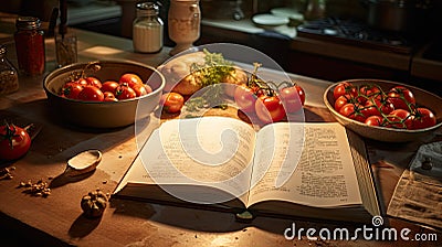 Open Cookbook with Fresh Tomatoes and Herbs on Table. Stock Photo