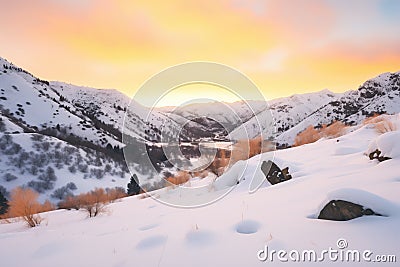 warm sunrise hues on a snow-filled valley Stock Photo