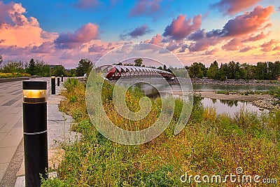 Warm Sunrise Over The Peace Bridge And River Editorial Stock Photo