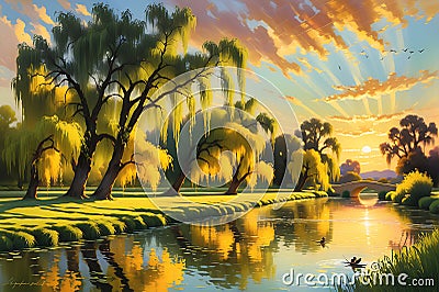 Warm Sunset Casting a Golden Hue Over a Lazy River with Overhanging Weeping Willows - Distant Laughter Echoing Stock Photo