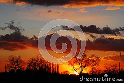 Warm Sunset With Clouds And Trees Stock Photo