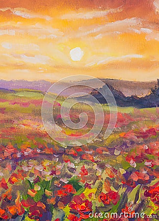 Warm sunset in mountains artistic painting background. Stock Photo