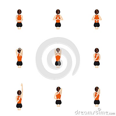 Warm-up seated yoga asanas set with hands behind in diamond pose Vector Illustration