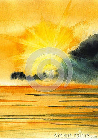 Warm watercolor landscape. Setting sun which rays cleave dark cloud paints water below in gold. Cartoon Illustration