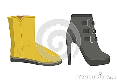 Warm winter footwear on heel and flat sole Vector Illustration