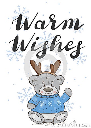 Warm wishes. Festive card with a teddy bear Vector Illustration