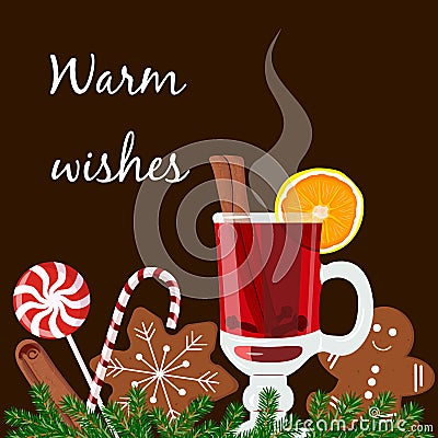 Warm wishes postcard. Mulled wine with gingerbread cookies Vector Illustration