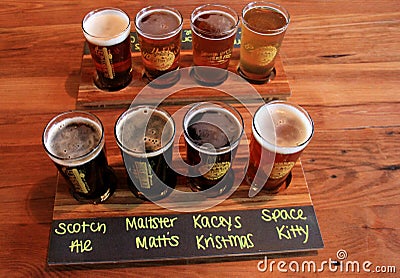 Warm wood background flights of beer, Rohrbach Brewing Company, Rochester, New York, 2017 Editorial Stock Photo