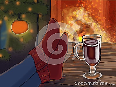 Warming feet by the fire under Christmas tree Cartoon Illustration