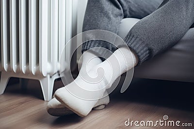 Warming Feet on White Radiator, Man Warms his Feet at Home, Cold Winter, Expensive Electricity Saving Concept Stock Photo