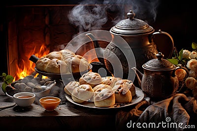 Warming Saint Lucia buns with tea. Generate ai Stock Photo