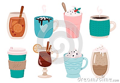 Warming winter drinks. Hot chocolate, cocoa with marshmallows and whipped cream. Mulled wine in winters mug vector Vector Illustration