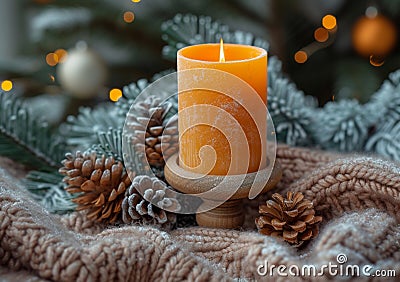 A warmly lit candle on a wooden stand enveloped by a chunky knit blanket and frosty pinecones, set against a backdrop of twinkling Stock Photo