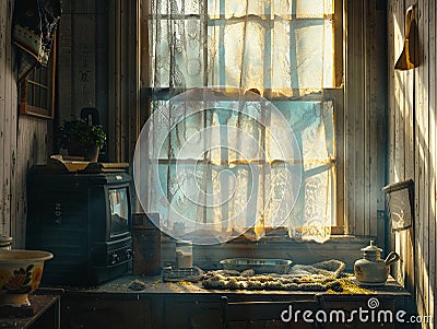 The warmth of daylight filtering through a dusty, dirty window, illuminating an ignored, cluttered space with hope Cartoon Illustration