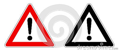 Warning / Attention sign. Exclamation mark in triangle. Red / black and white version Vector Illustration