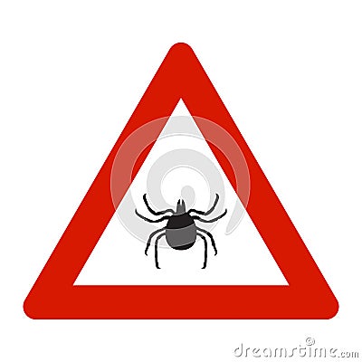 Warning, beware of ticks vector illustration. Tick insect in the prohibition stop sign. Camping signs isolated on white Cartoon Illustration