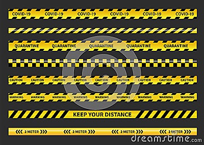 Warning Covid-19 quarantine tapes. Black and yellow line striped. Social distancing tape. Vector Vector Illustration