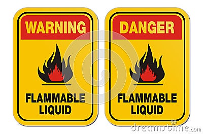 Warning and danger flammable liquid yellow signs Stock Photo