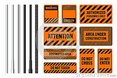 Warning, danger signs, attention banners with metal poles. Orange caution sign, construction site signage. Notice Vector Illustration